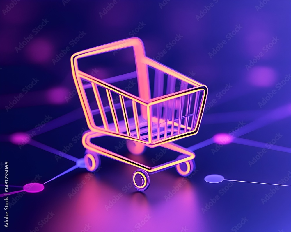 Poster neon shopping cart icon on a dark background with glowing lines