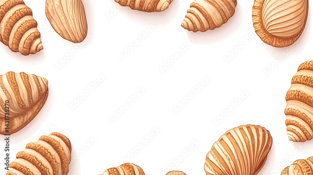 Poster seashells arranged in a circular frame on white background