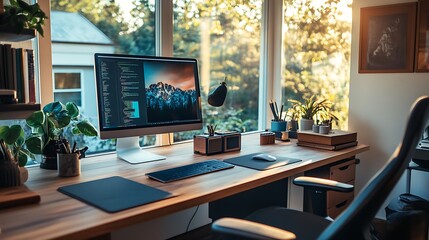 Cozy home office workspace with natural light.