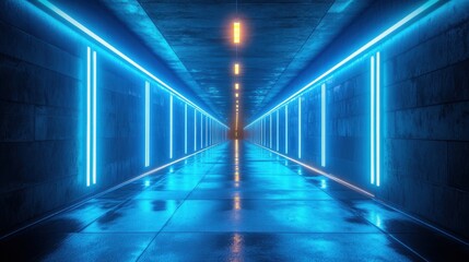 High resulation image of neon blue lights with moving along dark tunnel illuminated.