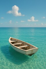 Naklejka premium Serene wooden boat floating on crystal clear turquoise sea under blue sky with clouds