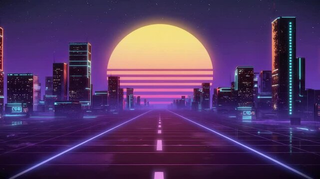 Retro futuristic neon city 80s style with moving road to the city