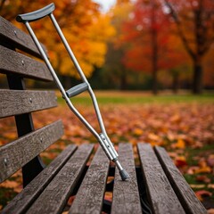 Metallic crutch leaning against a park bench, autumn leaves in the blurred background.