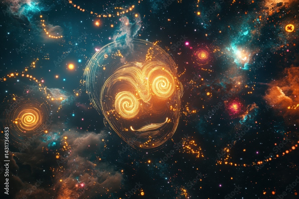 Poster cosmic portrait with swirling energy patterns in a vibrant starry universe