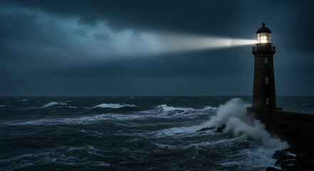 Lighthouse Beam Cutting Through Storm Clouds Over Turbulent Ocean at Dusk, Hope Metaphor