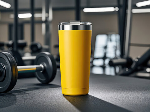 Sleek Yellow Thermos Mockup in Gym Setting: Modern Fitness Hydration