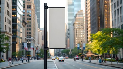 
Urban Street with Blank Banner Sign and Modern Architecture by tall modern buildings and a blank advertisement banner.
