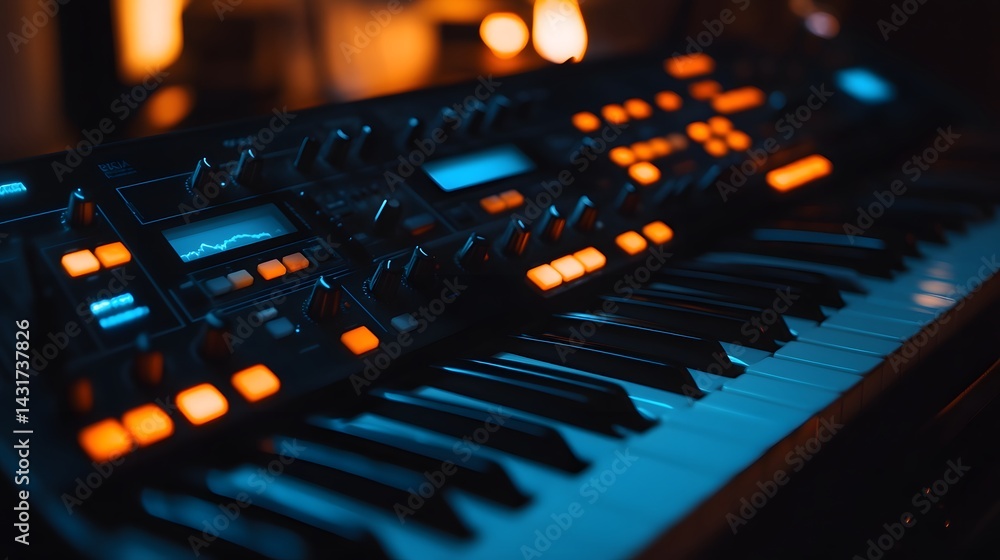 Poster close-up of a synthesizer keyboard illuminated in blue and orange light.