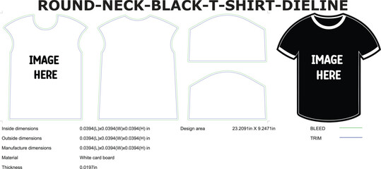 Round neck black t shirt dieline template for fashion apparel design and production layout