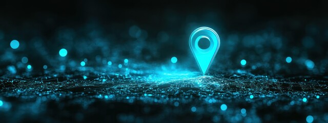 A glowing location pin over a digital landscape of interconnected points and lines.
