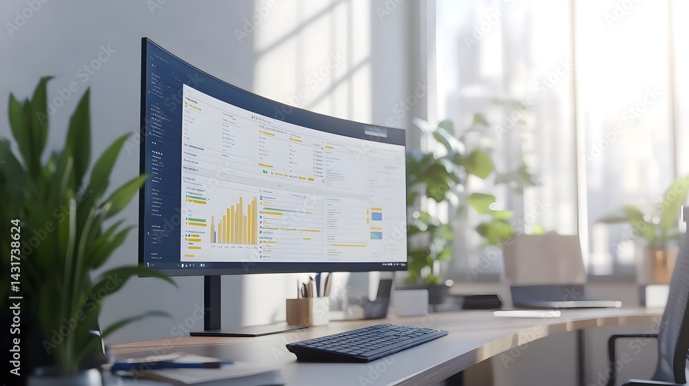 Poster modern curved monitor displaying data analytics graphs and charts sits on a clean wooden desk in a b