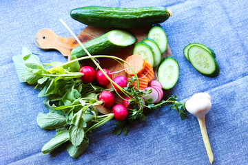 Organic spring produce rustic table