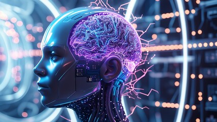 Futuristic Glowing Circuits and Digital Brain 3D Human Head Rendered by AI