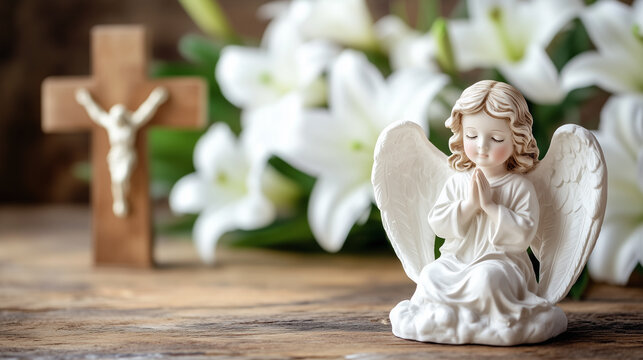 Funeral card, small figurine of a white angel, christian cross and white lilies in background. Mockup for death card, condolences.