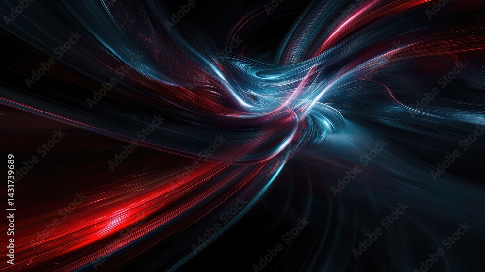 Poster swirling picture of red ray and blue light sparkling particles scattered across a space background, 
