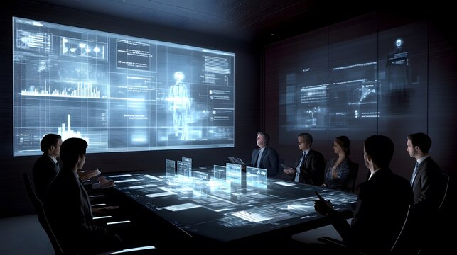 A group of business professionals sits around a futuristic holographic table in a dark room, reviewing data projected on a large screen. - Powered by Adobe