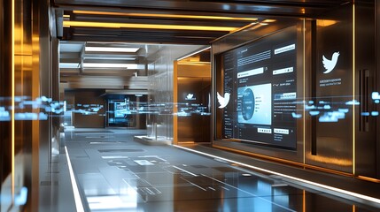 Futuristic corridor with digital displays showing data streams and the Twitter logo.  Modern, sleek design with glowing lines and metallic surfaces.  High-tech and innovative aesthetic.