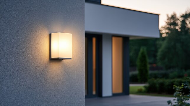 Modern motion sensor outdoor security light illuminating contemporary home