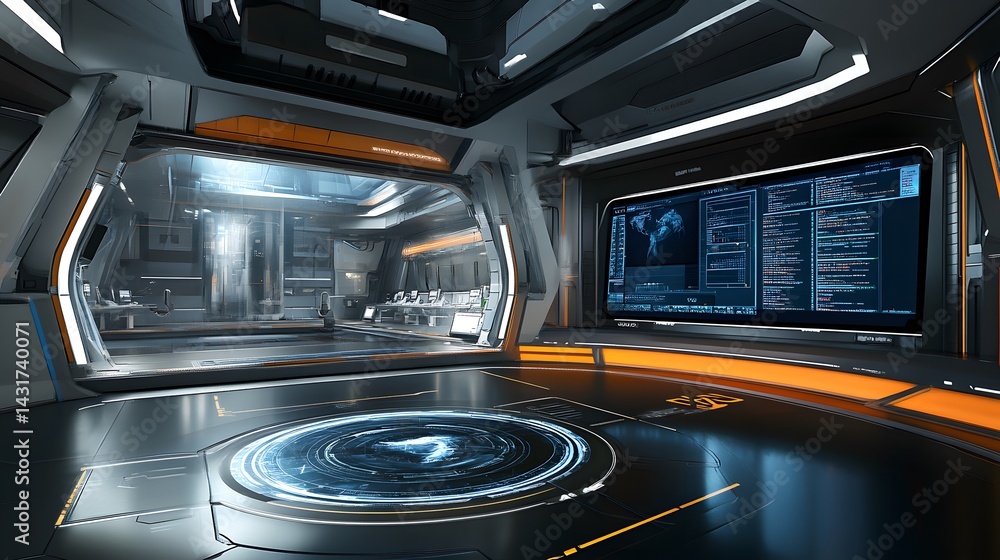 Aufkleber futuristic spaceship interior with sleek design, glowing interfaces, and large screens displaying da
