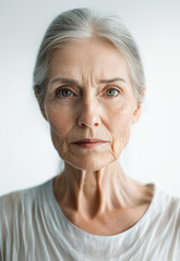 Elegant elderly woman with striking features against a neutral background