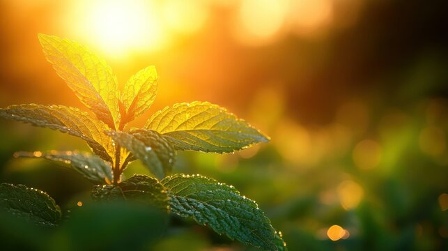 Mint leaves bathed in golden sunset light - Powered by Adobe