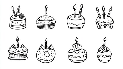 Eight birthday cakes with candles, hand-drawn style, white background, for baking or party invitations