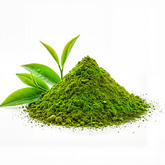 Green tea powder pile with fresh green leaves creating a healthy lifestyle concept,matcha
