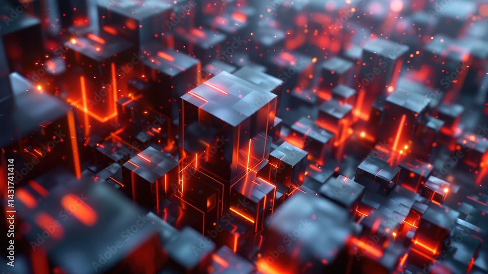 Poster abstract digital floating blocks with orange and blue lights. digital artwork of 3d rendering geogra
