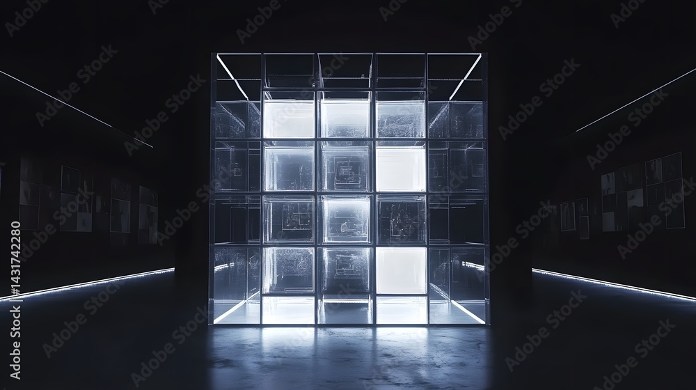 Poster a dark gallery space features a luminous, translucent cube installation divided into smaller compart