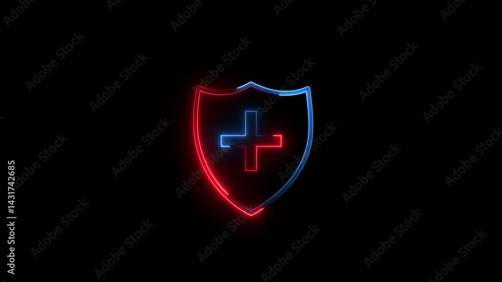 Poster neon shield icon with check-mark animated on black background. secure & verified: animated neon shie