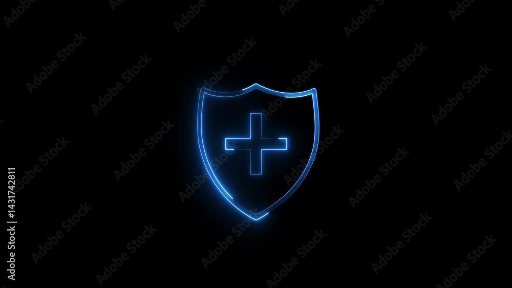 Poster neon shield icon with check-mark animated on black background. secure & verified: animated neon shie