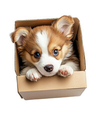 ฺBirthday Dog Adorable puppy peeking out from a cardboard box, evoking warmth and joy.