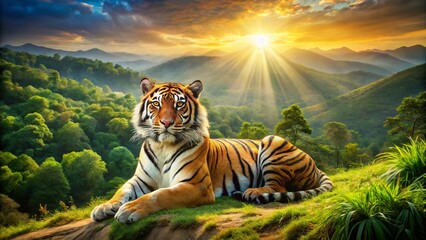 Majestic Trained Tiger in Lush Green Landscape - Wildlife Conservation Stock Photo