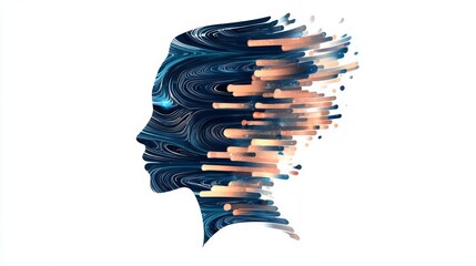 An abstract representation of a human silhouette merging thoughts and emotions in a colorful digital landscape.