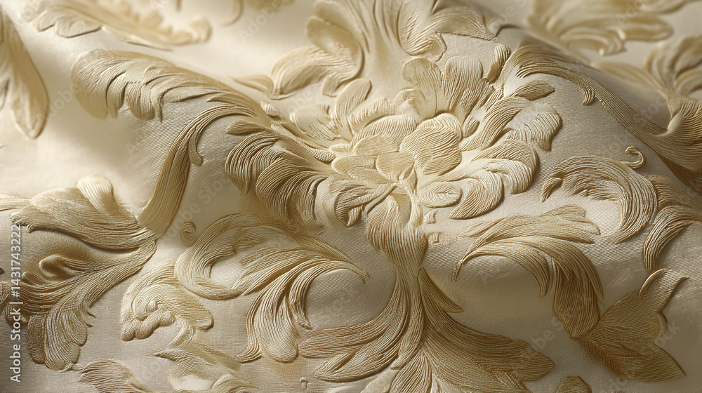 Poster beige fabric texture with embossed floral pattern, showing depth and richness, ideal for luxurious d