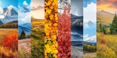Colorful collage banner showing diverse weather across all four seasons, symbolizing the passage of time, nature’s cycles, and the ever-changing moods of the environment.

