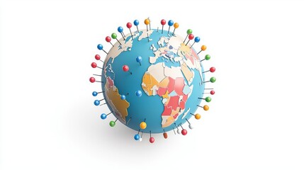 Colorful globe with map pins representing global connections and networking in a digital era.