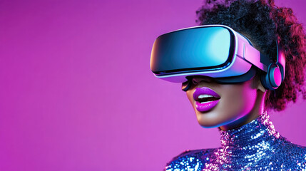 Futuristic fashion woman in vr glasses on vibrant background for tech innovations