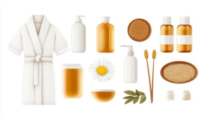 A collection of spa items including lotions, a robe, and natural ingredients for relaxation and self-care.