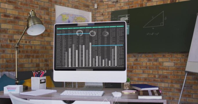 All-in-one computer monitor displaying code and charts being animated in flat scene with brass lamp