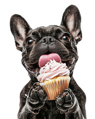 ฺBirthday Dog A joyful dog happily holding a delicious cupcake, radiating excitement and delight.
