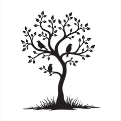 Tree with Birds Silhouette,Birds Sitting on Tree Branch,Tree Branch with Birds Vector,Black Tree with Birds Clipart,Nature Silhouette with Birds,Tree with Leaves and Birds Art,Minimal Tree and Birds