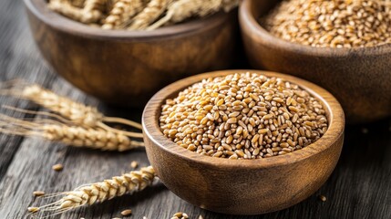 Fototapeta premium High resulation image of organic Whole Wheat Grains in Wooden Bowls with Wheat Ears Healthy Eating Concept and Rustic Food Art.