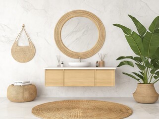 A modern bathroom is depicted with a vessel sink and a big mirror as its key features