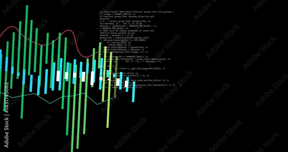 Poster Abstract data visualization displaying bars with overlaid C code and pink and cyan line graphs