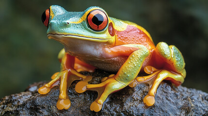 Naklejka premium A vibrant poison dart frog perches on a mossy log in the rainforest, its bold colors symbolizing danger, beauty, and biodiversity in a fragile ecosystem full of life and hidden threats.