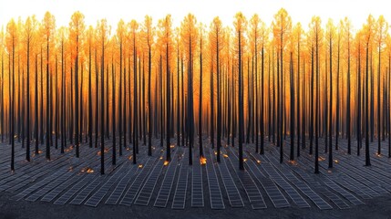 A striking landscape of burned trees standing tall against a golden sunset, showcasing nature's resilience and beauty.