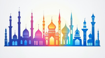 Fototapeta premium Colorful skyline illustration featuring diverse architectural styles and landmarks from various cultures.