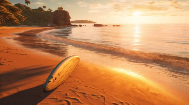 A secluded beach with a surfboard resting on the sand during golden hour, creating a serene summer mood
