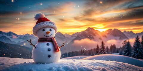 Obraz premium Merry Christmas Snowman on Snowy Mountains - Long Exposure Photography